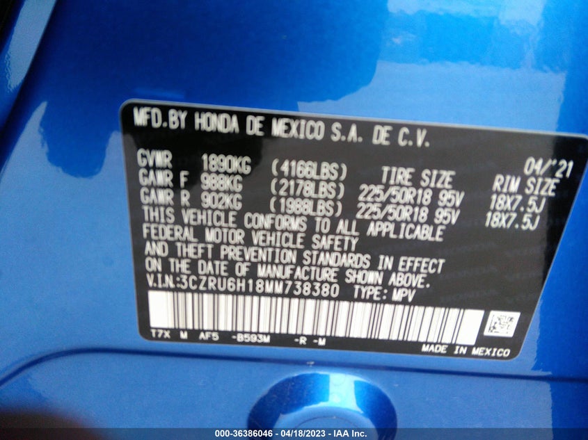 VIN 3CZRU6H18MM738380 2021 HONDA HR-V SPORT
