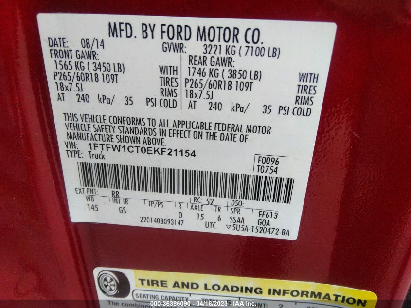 2014 FORD F-150 XL/XLT/FX2/LARIAT - 1FTFW1CT0EKF21154