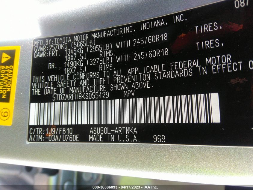 2019 TOYOTA HIGHLANDER LE - 5TDZARFH8KS055429