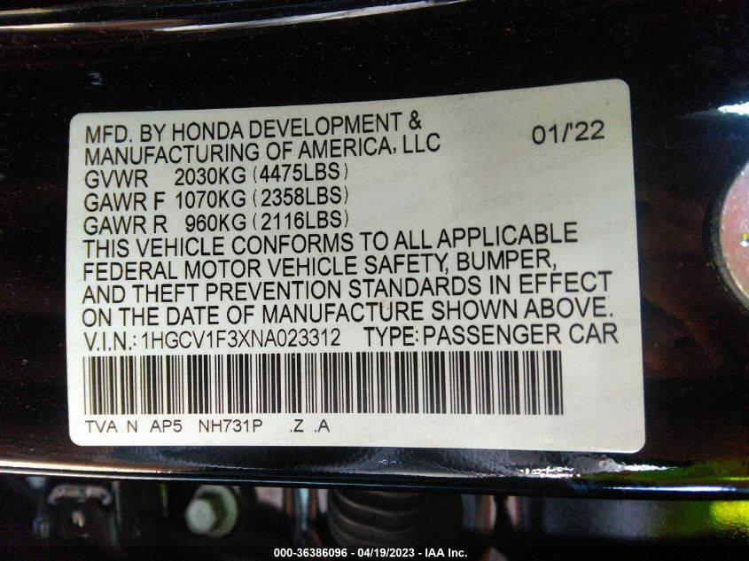 2022 HONDA ACCORD SEDAN SPORT - 1HGCV1F3XNA023312