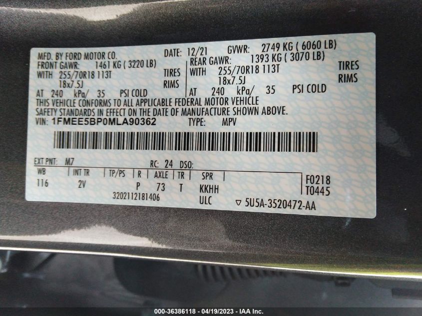 2021 FORD BRONCO BASE/BIG BEND - 1FMEE5BP0MLA90362