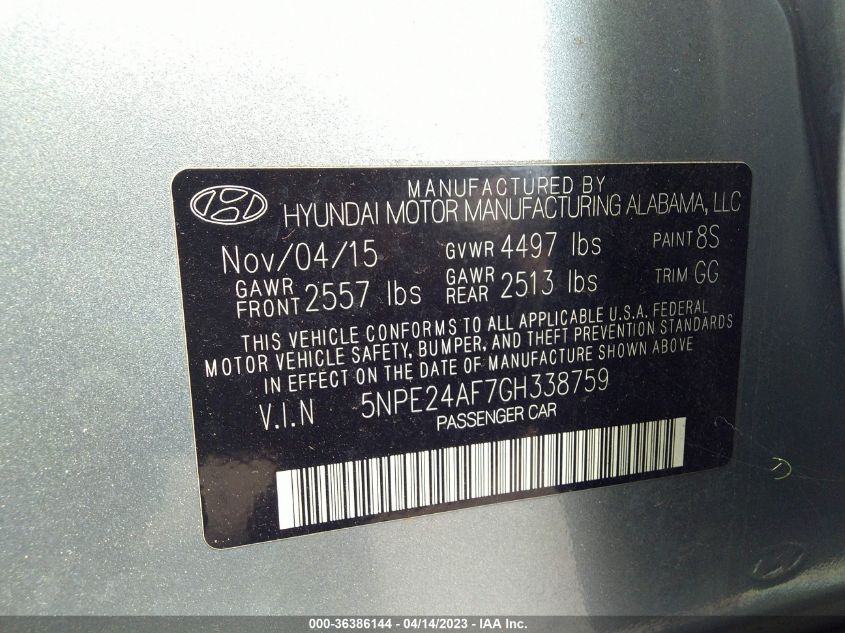 2016 HYUNDAI SONATA 2.4L SE - 5NPE24AF7GH338759