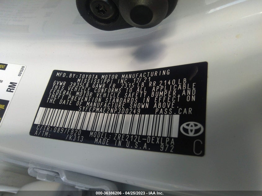 VIN 5YFEPMAE2NP300249 2022 TOYOTA COROLLA LE
