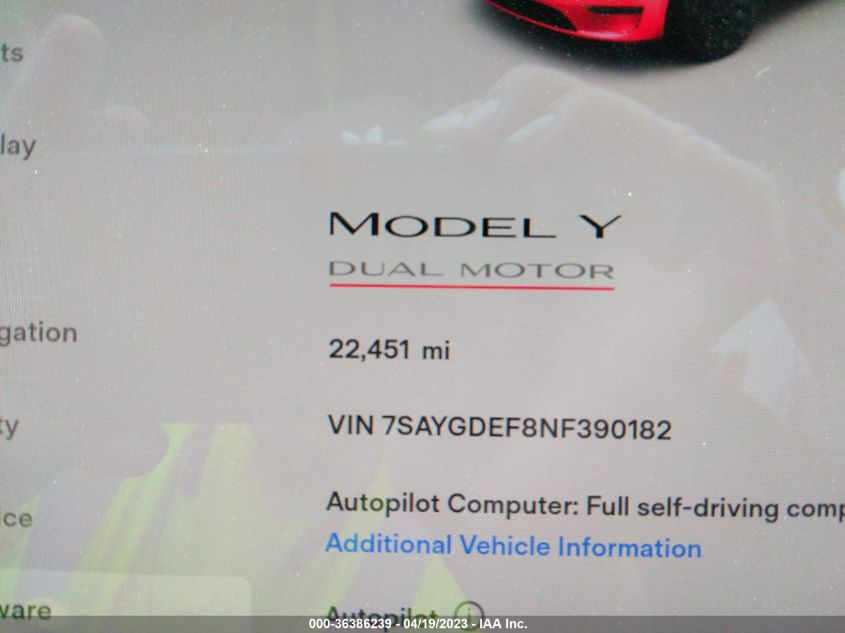 2022 TESLA MODEL Y PERFORMANCE - 7SAYGDEF8NF390182