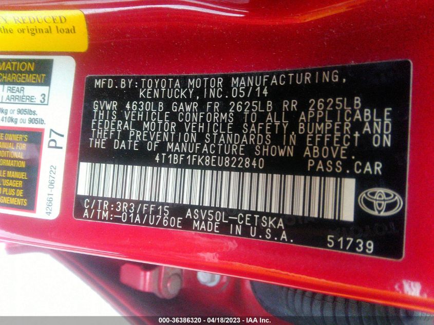 2014 TOYOTA CAMRY L/LE/XLE/SE/SE SPORT - 4T1BF1FK8EU822840