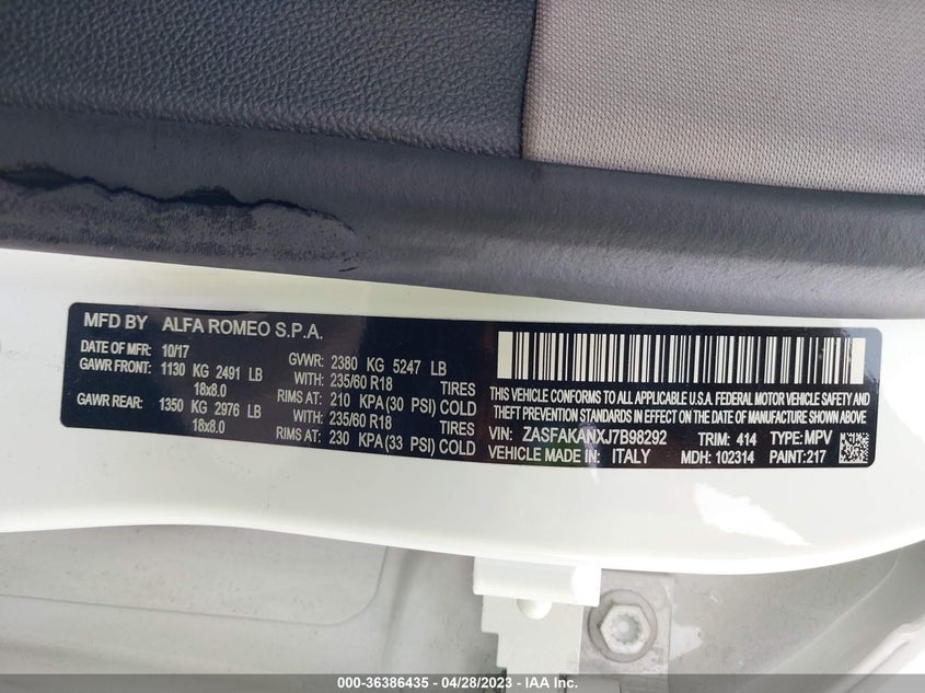 VIN ZASFAKANXJ7B98292 2018 ALFA ROMEO STELVIO