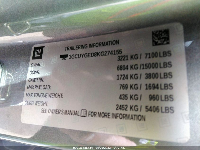 2019 CHEVROLET SILVERADO 1500 LTZ - 3GCUYGED8KG274155
