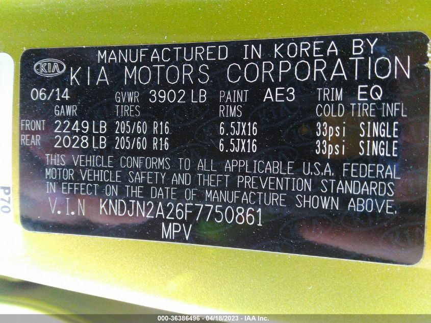 2015 KIA SOUL BASE - KNDJN2A26F7750861