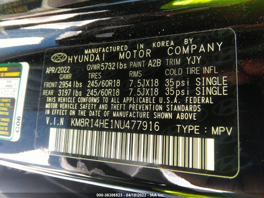 KM8R14HE1NU477916 Hyundai Palisade SE 9