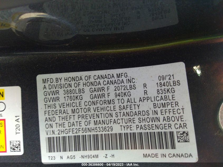 2022 HONDA CIVIC SEDAN SPORT - 2HGFE2F56NH533629