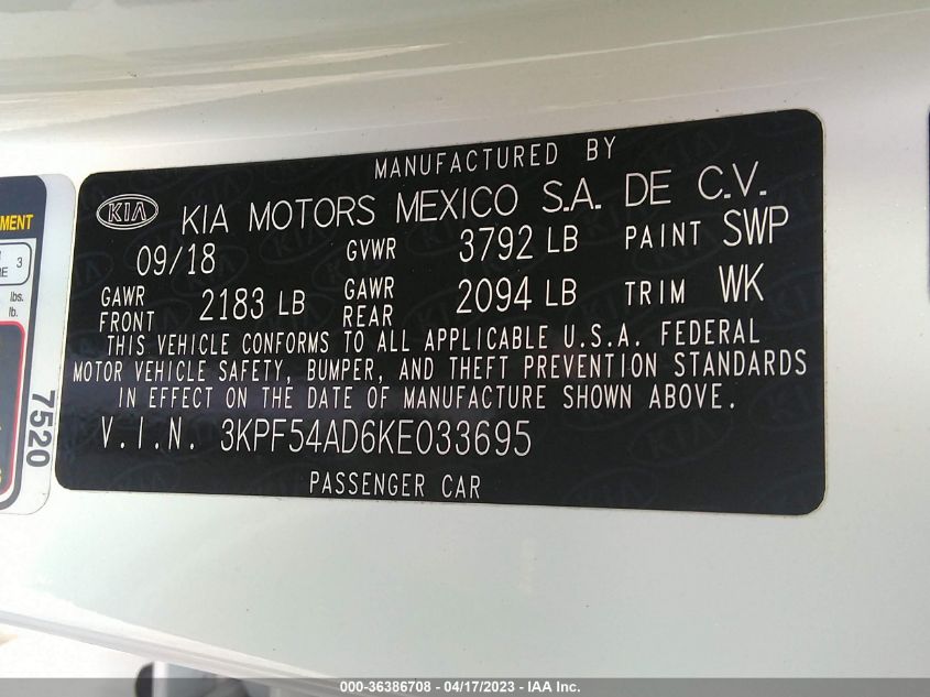 2019 KIA FORTE EX - 3KPF54AD6KE033695