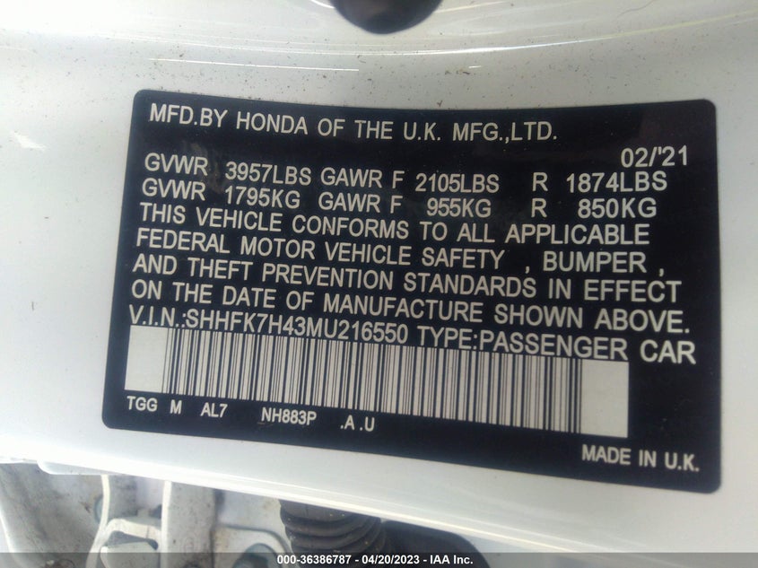 VIN SHHFK7H43MU216550 2021 HONDA CIVIC HATCHBACK SPORT