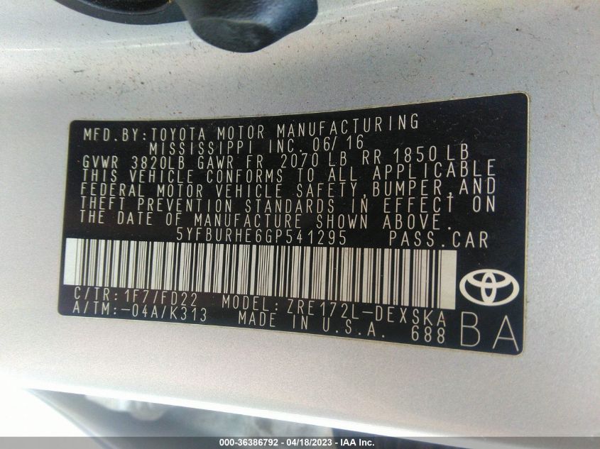 2016 TOYOTA COROLLA L/LE/S/S PLUS/LE PLUS - 5YFBURHE6GP541295