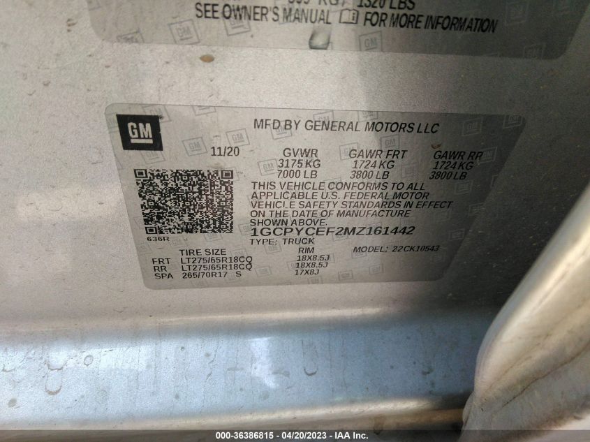 2021 CHEVROLET SILVERADO 1500 CUSTOM TRAIL BOSS - 1GCPYCEF2MZ161442