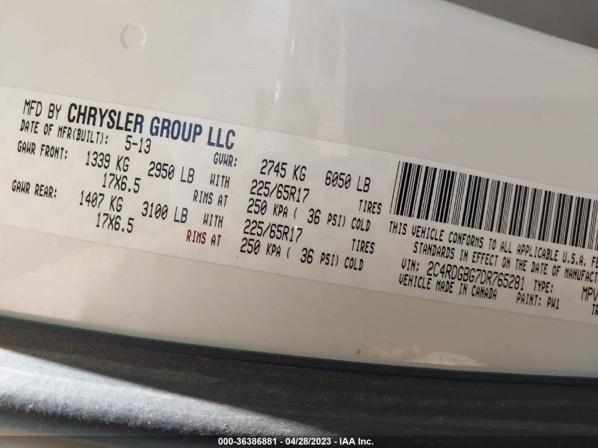 2013 DODGE GRAND CARAVAN AMERICAN VALUE PKG - 2C4RDGBG7DR765281