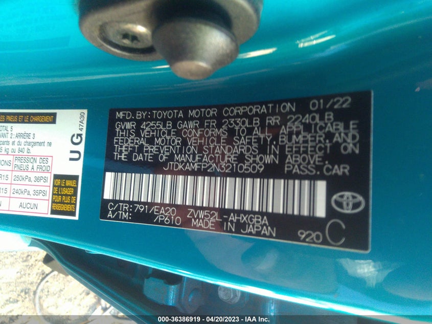 VIN JTDKAMFP2N3210509 2022 TOYOTA PRIUS PRIME LE/XLE/LIMITED