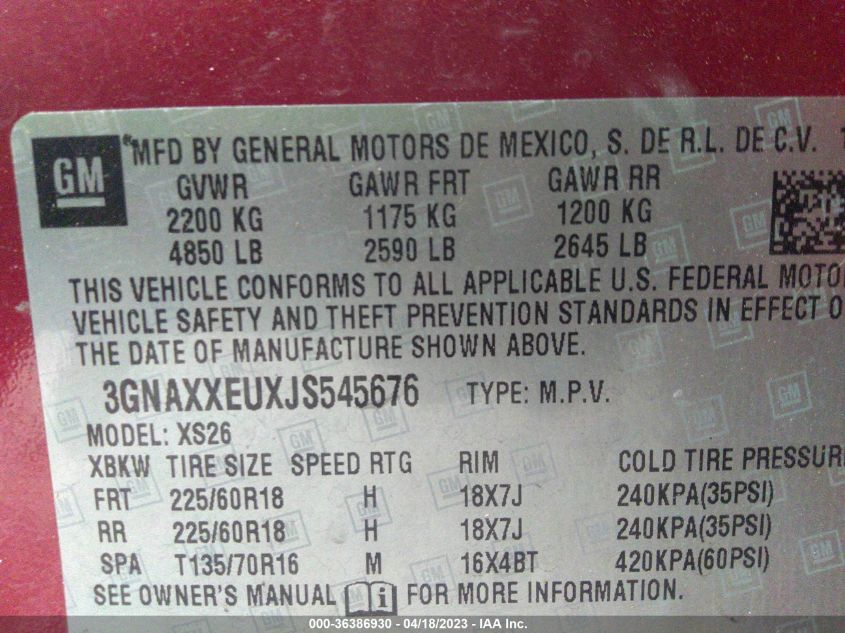2018 CHEVROLET EQUINOX PREMIER - 3GNAXXEUXJS545676