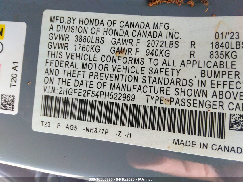 VIN 2HGFE2F54PH522969 2023 HONDA CIVIC SEDAN SPORT