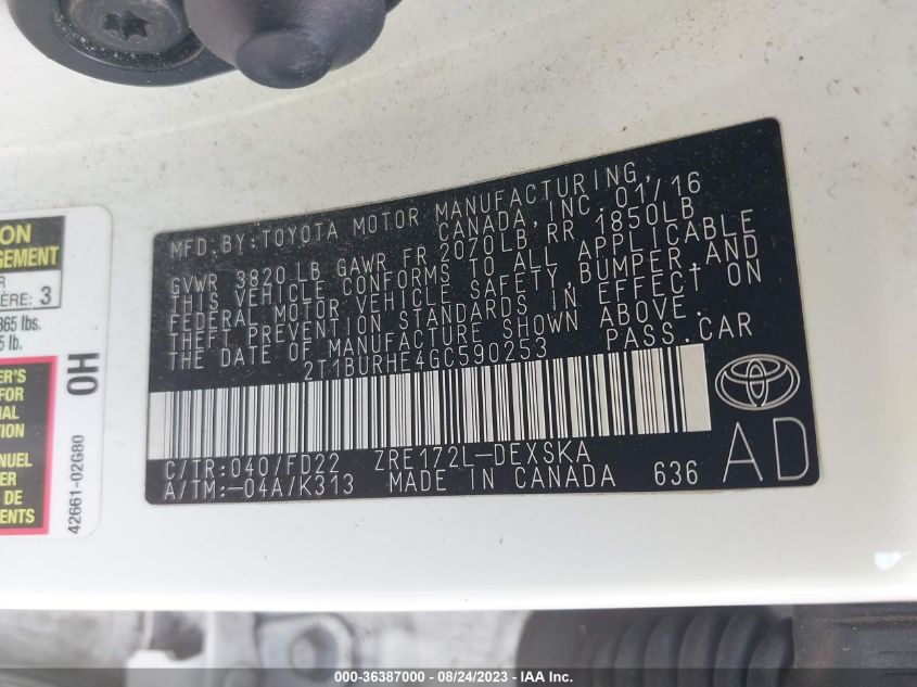 2016 TOYOTA COROLLA L/LE/S/S PLUS/LE PLUS - 2T1BURHE4GC590253