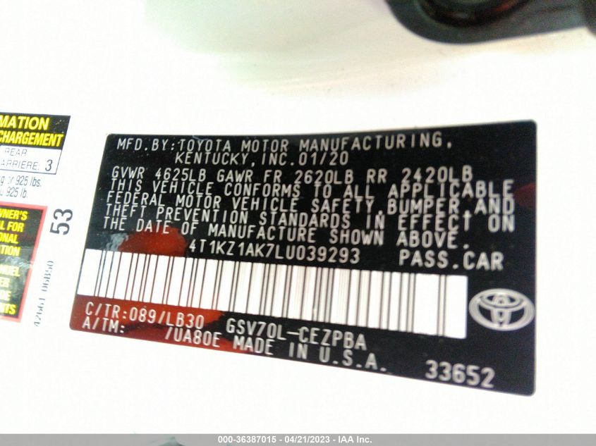 2020 TOYOTA CAMRY V6 - 4T1KZ1AK7LU039293
