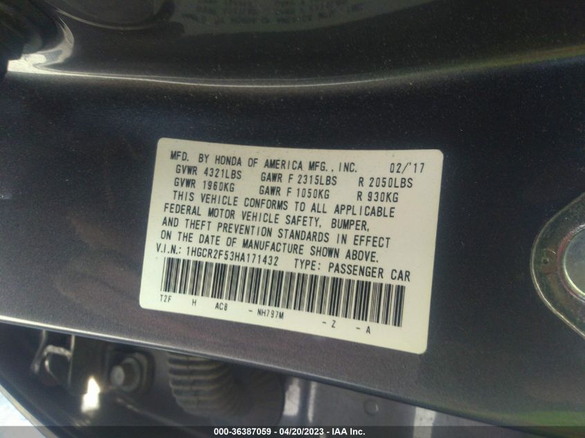 2017 HONDA ACCORD SEDAN SPORT - 1HGCR2F53HA171432