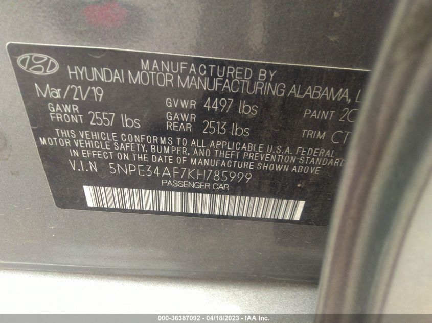 2019 HYUNDAI SONATA SEL - 5NPE34AF7KH785999