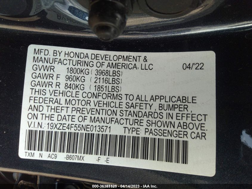 2022 HONDA INSIGHT EX - 19XZE4F55NE013571