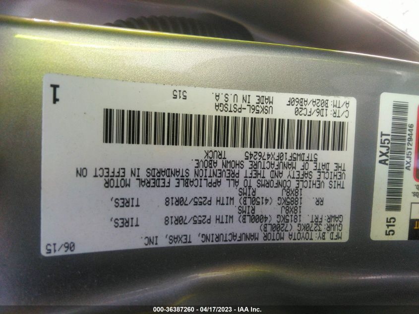 2015 TOYOTA TUNDRA 4WD TRUCK SR5/TRD PRO - 5TFDW5F10FX476245