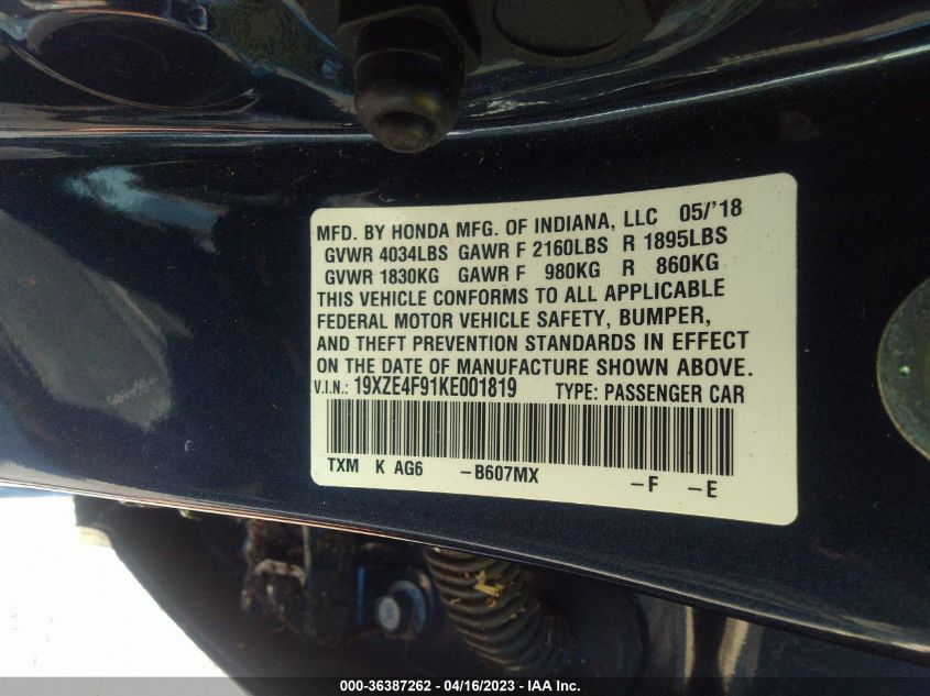 2019 HONDA INSIGHT TOURING 19XZE4F91KE001819