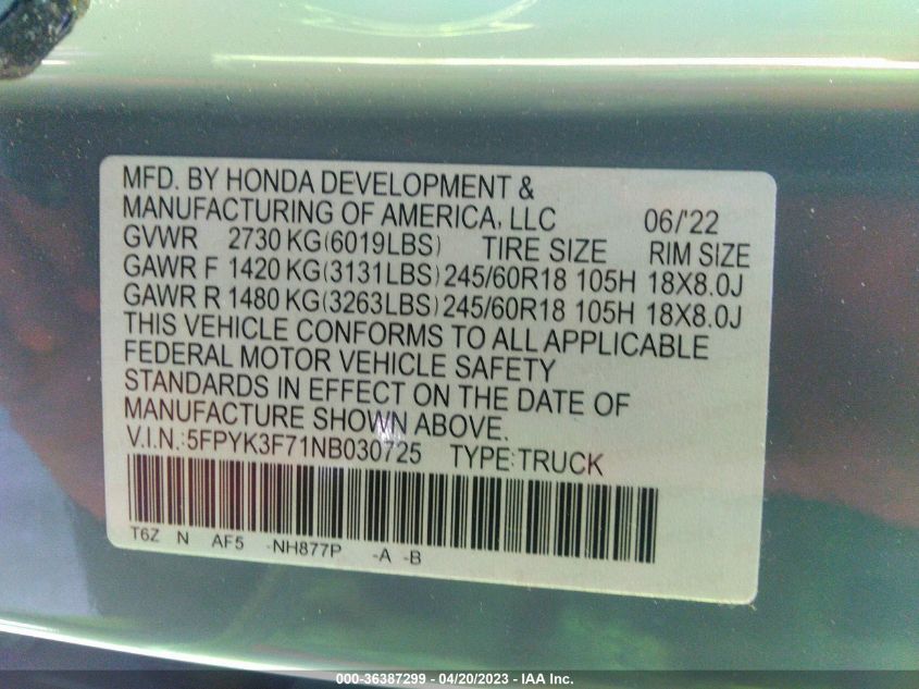 2022 HONDA RIDGELINE RTL-E - 5FPYK3F71NB030725