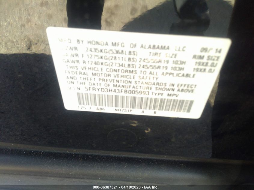 2015 ACURA MDX TECH PKG - 5FRYD3H43FB005993