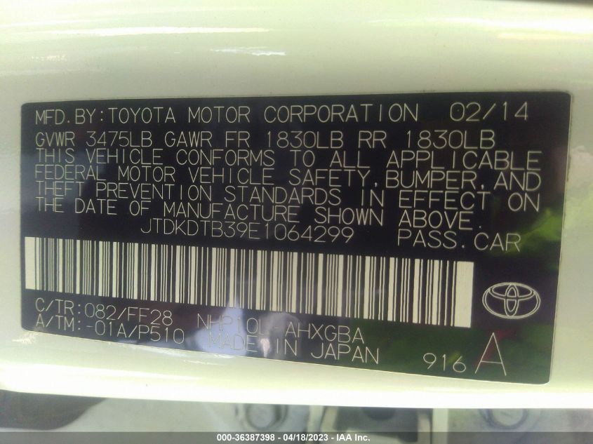 2014 TOYOTA PRIUS C ONE/THREE/TWO/FOUR - JTDKDTB39E1064299