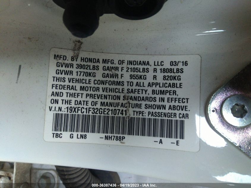 2016 HONDA CIVIC SEDAN EX-T - 19XFC1F32GE210741
