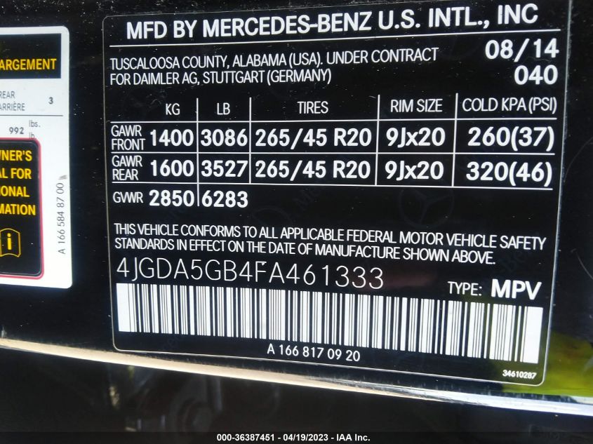 2015 MERCEDES-BENZ M-CLASS ML 400 - 4JGDA5GB4FA461333