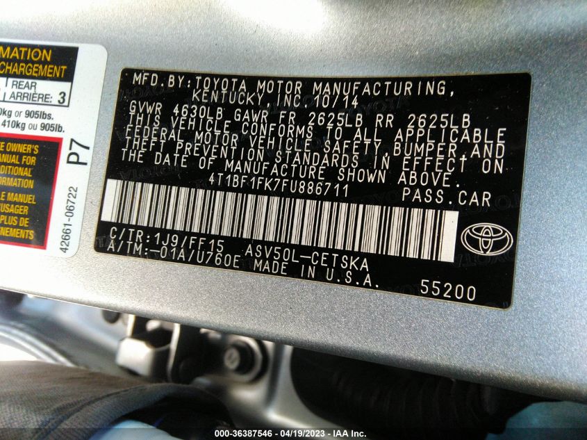 2015 TOYOTA CAMRY XLE/SE/LE/XSE - 4T1BF1FK7FU886711