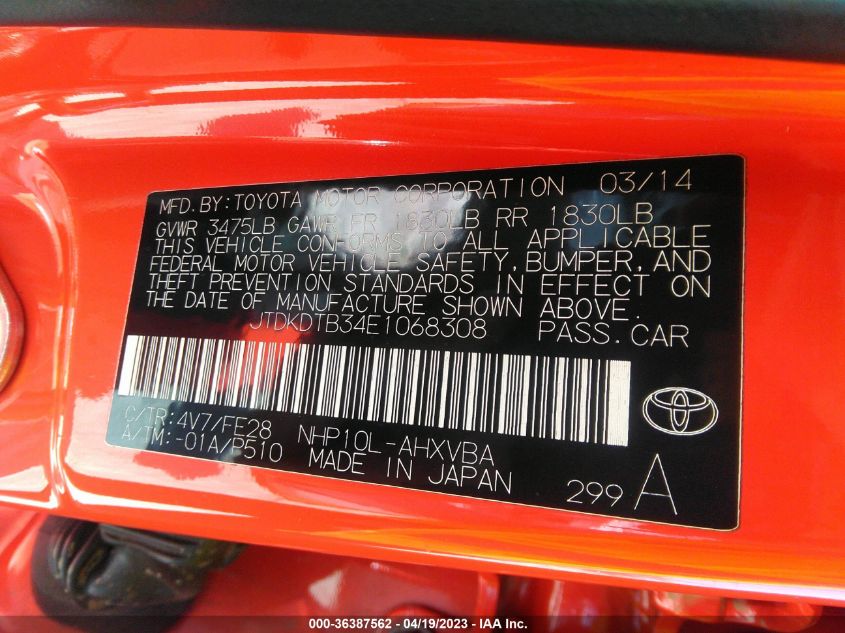 2014 TOYOTA PRIUS C ONE/THREE/TWO/FOUR - JTDKDTB34E1068308