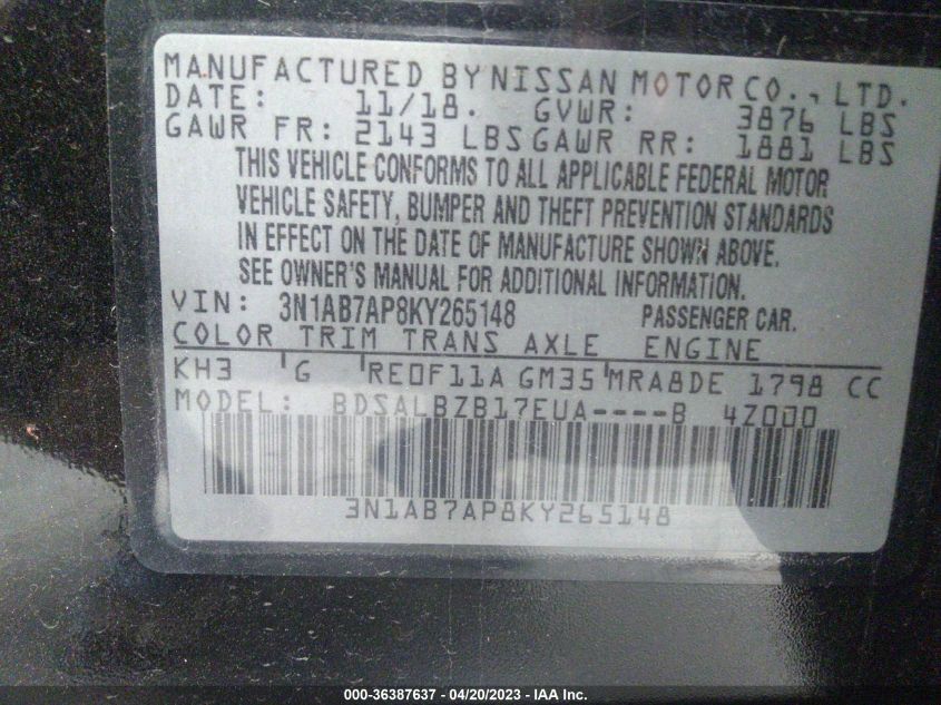 2019 NISSAN SENTRA S - 3N1AB7AP8KY265148