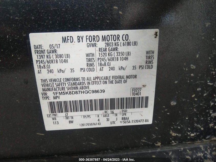 VIN 1FM5K8D87HGC98639 2017 FORD EXPLORER XLT