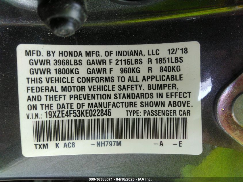 2019 HONDA INSIGHT EX 19XZE4F53KE022846
