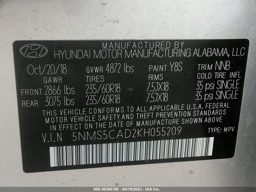 VIN 5NMS5CAD2KH055209 2019 HYUNDAI SANTA FE LIMITED