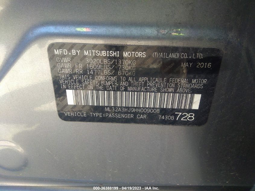 2017 MITSUBISHI MIRAGE ES - ML32A3HJ9HH009008