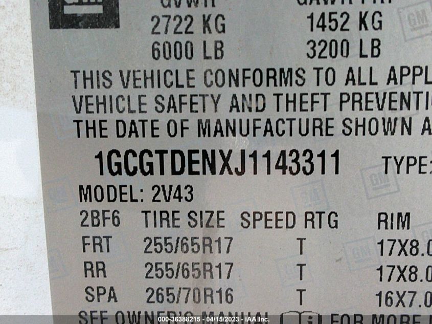 2018 CHEVROLET COLORADO 4WD Z71 - 1GCGTDENXJ1143311