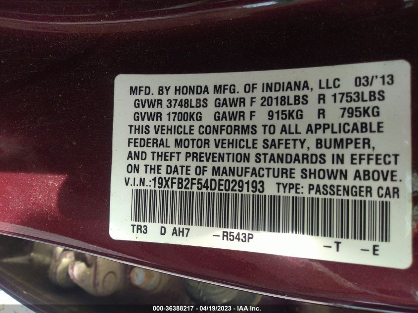 2013 HONDA CIVIC SDN LX - 19XFB2F54DE029193