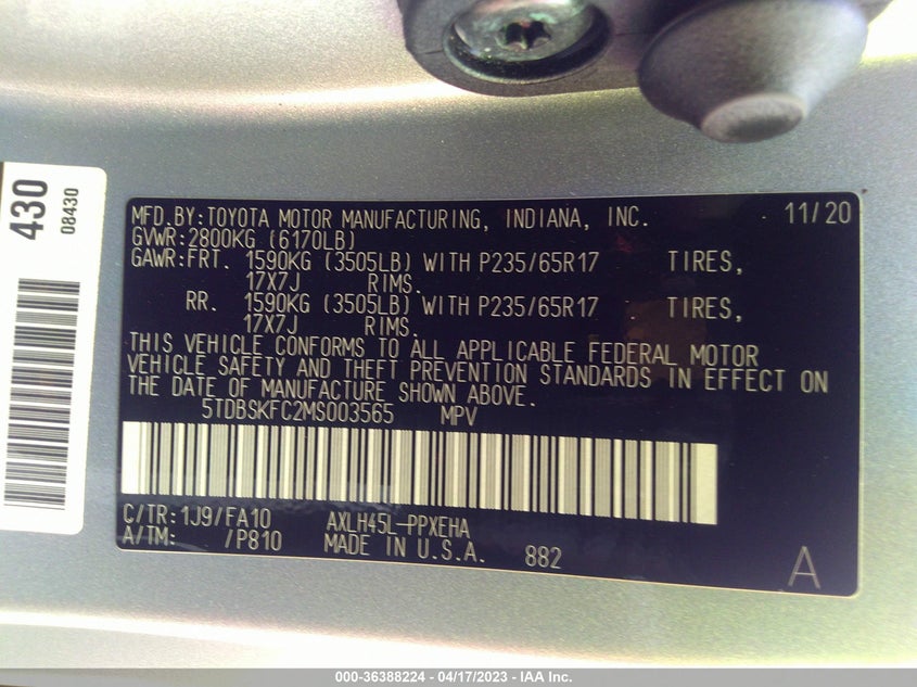 VIN 5TDBSKFC2MS003565 2021 TOYOTA SIENNA LE