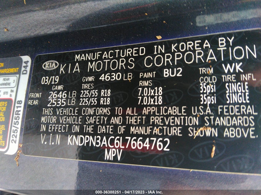 VIN KNDPN3AC6L7664762 2020 KIA SPORTAGE EX