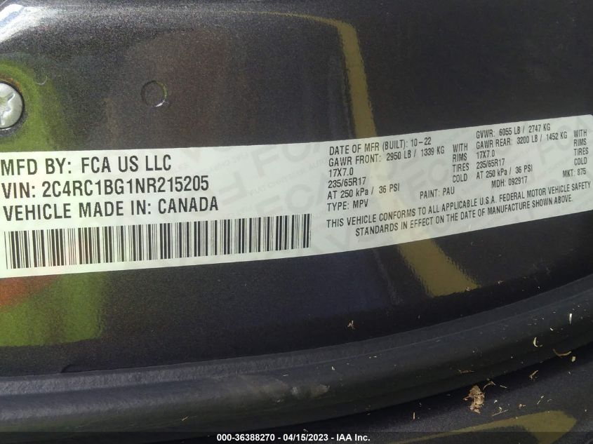 2C4RC1BG1NR215205 2022 CHRYSLER PACIFICA, photo no. 9