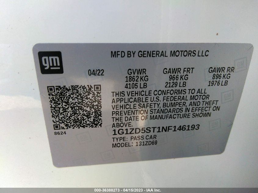 2022 CHEVROLET MALIBU LT - 1G1ZD5ST1NF146193