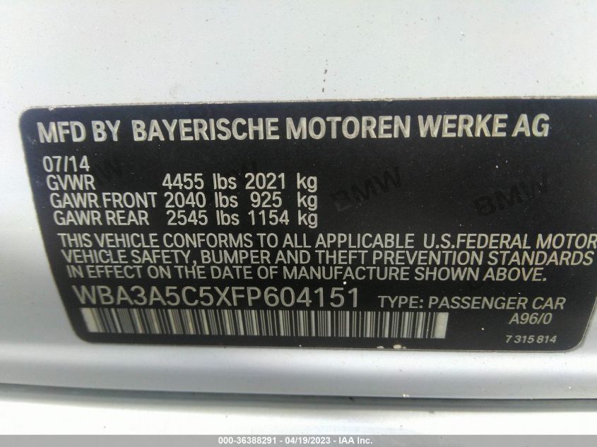 2015 BMW 3 SERIES 328I - WBA3A5C5XFP604151