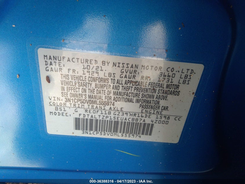 VIN 3N1CP5DV0ML555974 2021 NISSAN KICKS SR