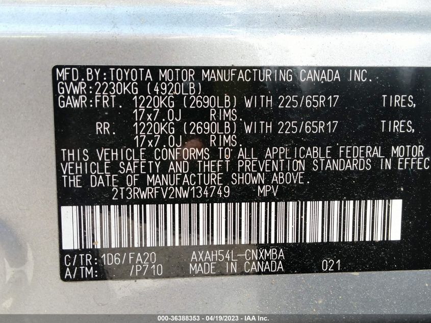 VIN 2T3RWRFV2NW134749 2022 TOYOTA RAV4 no.9